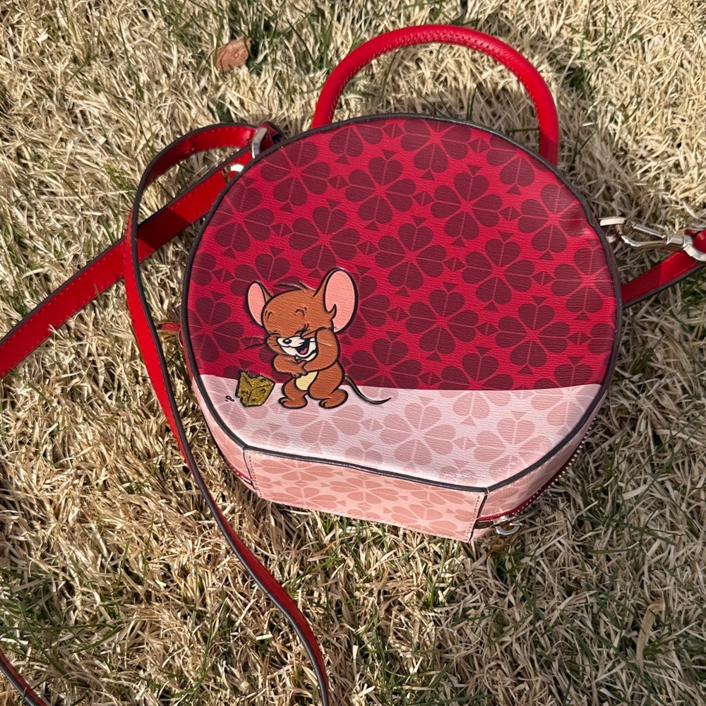 Red and Pink Round Crossbody Bag with Cartoon Detail